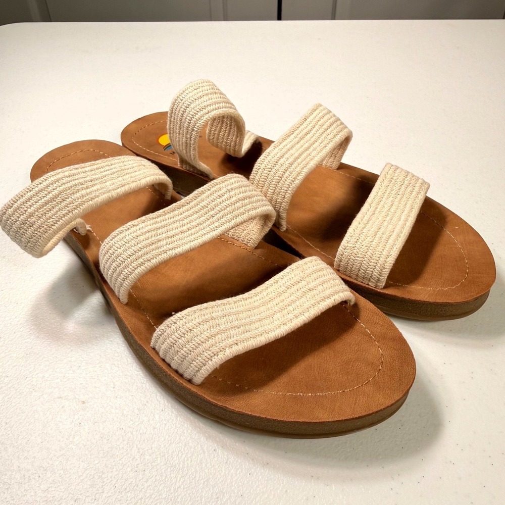 Maui Island Women's Triple Strap Slide Sandals Beige Woven Boho Summer Size 10M